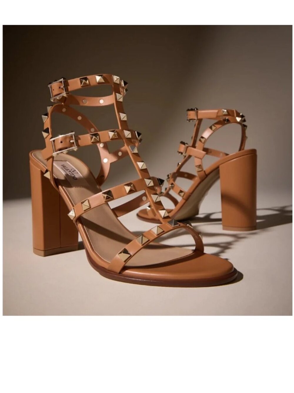 Valentino Garavani 90mm Rockstud Brown Leather Block Heel Sandals